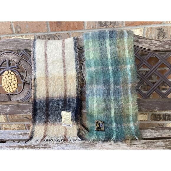 Lot of 2 MOHAIR Muffler Scurf Green & Brown Plaid Made in England, Ireland - Picture 3 of 4